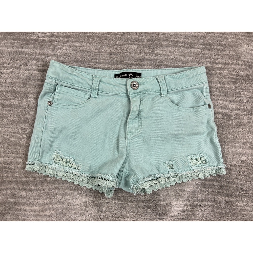 Imperial Star Shorts Girls 16 Mint Green Denim Crochet Lace Trim Distressed Mid